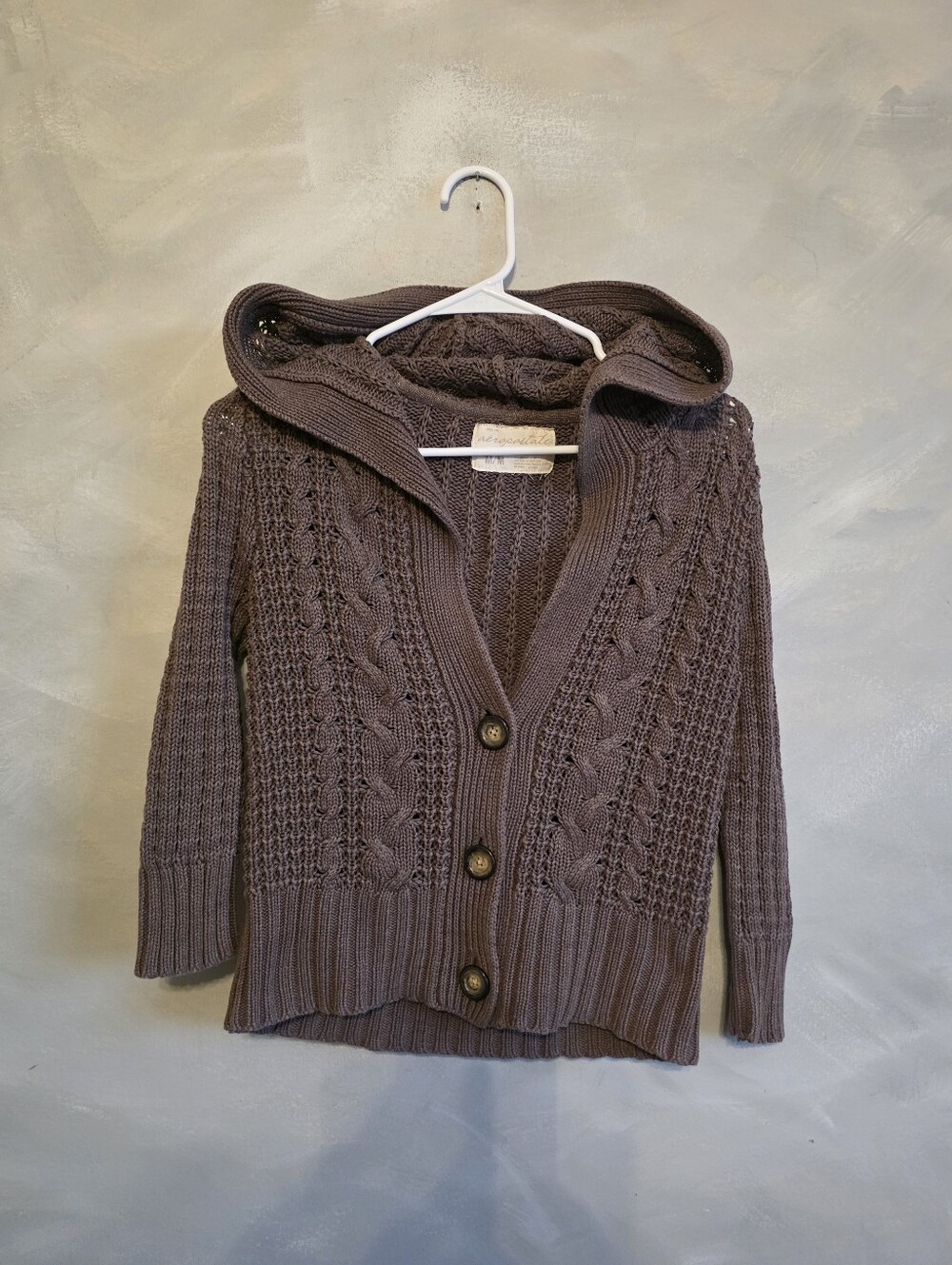 Brown Cable Knit Hooded Cardigan Button Down Woodscore Granola Girl Sz M